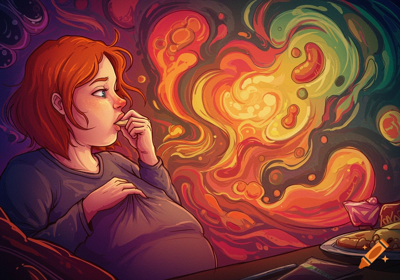 Illustration of a pregnant woman eating a snack against a colorful, abstract background.