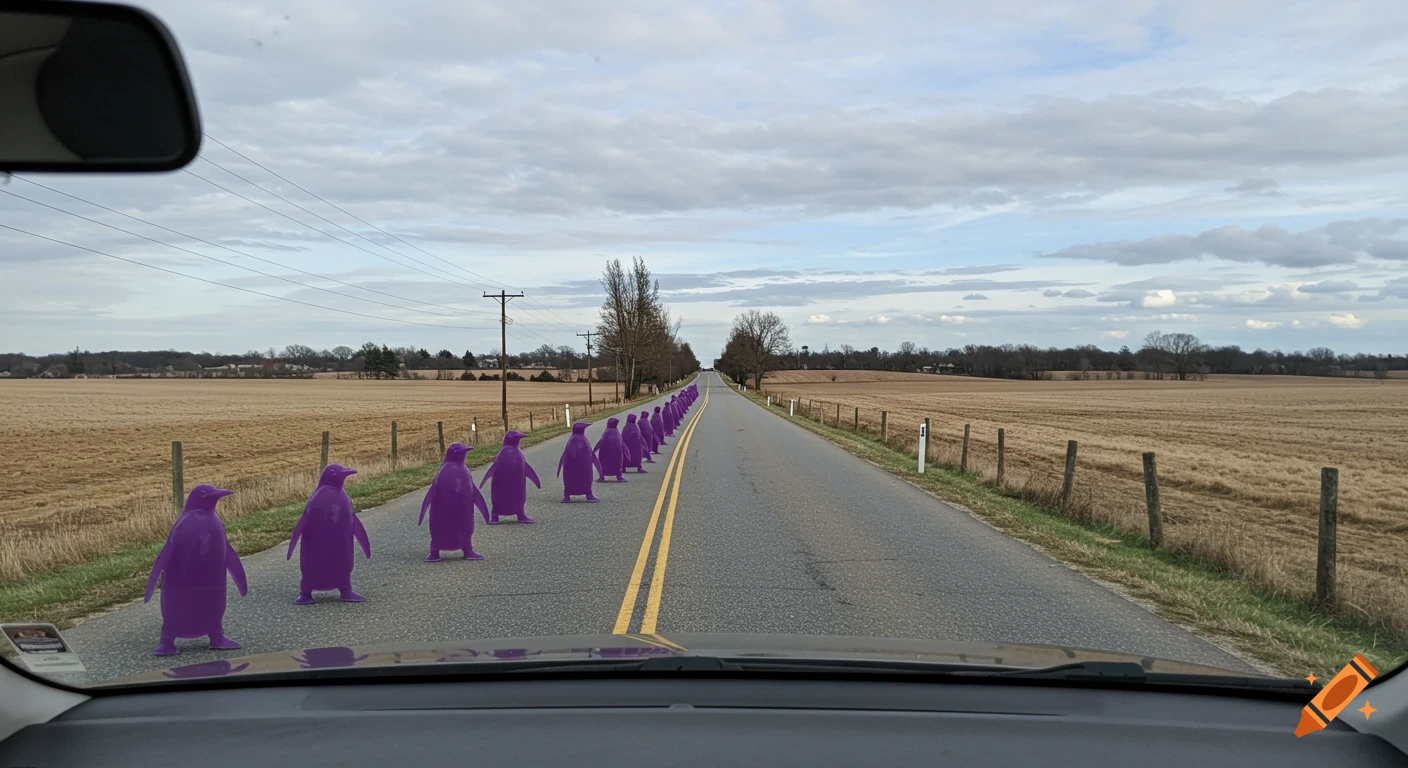 View from a car dashboard down a country road lined with a queue of purple penguins.