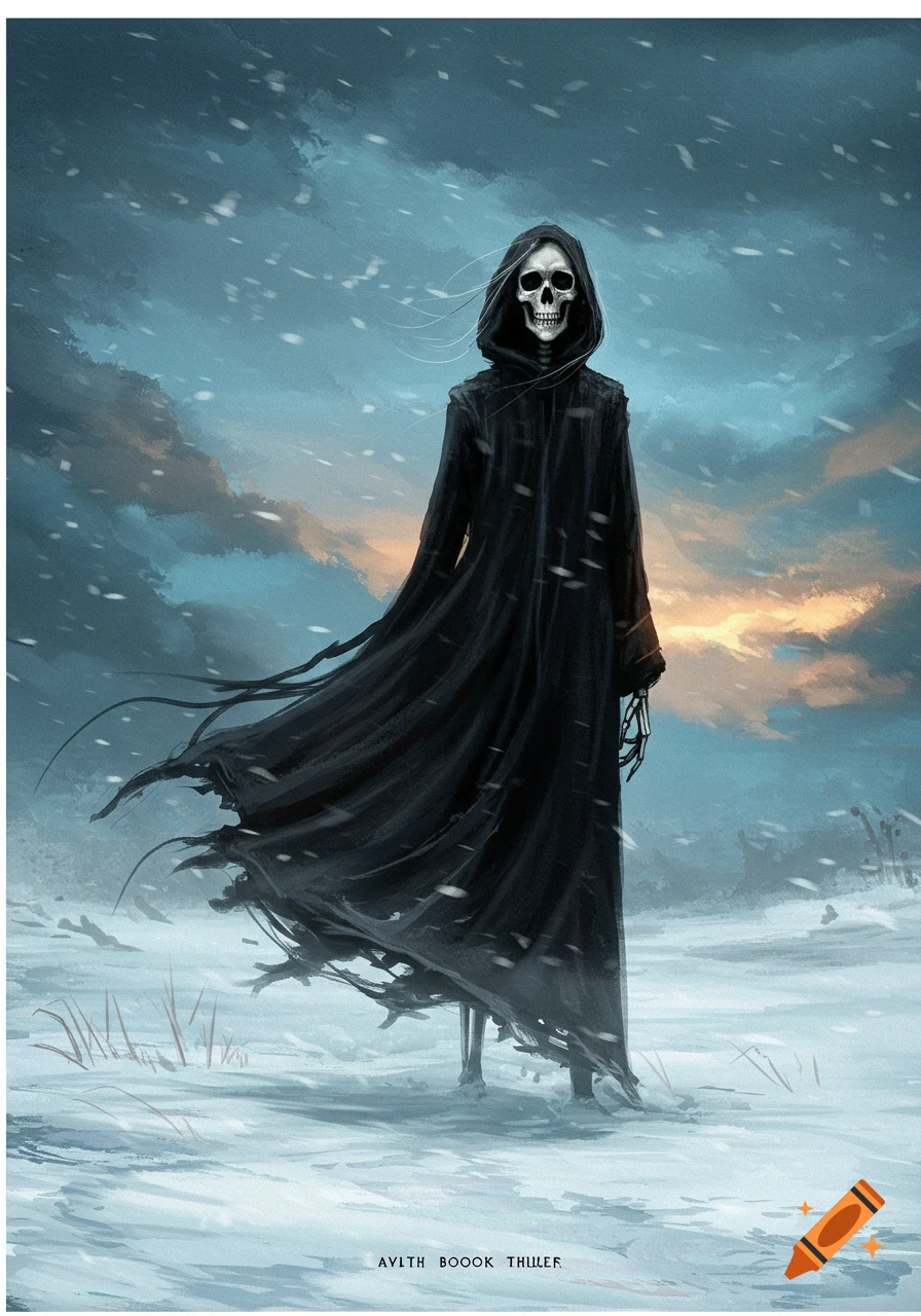 A robed figure with a skull face stands in a snowy field under a stormy sky. Digital painting.