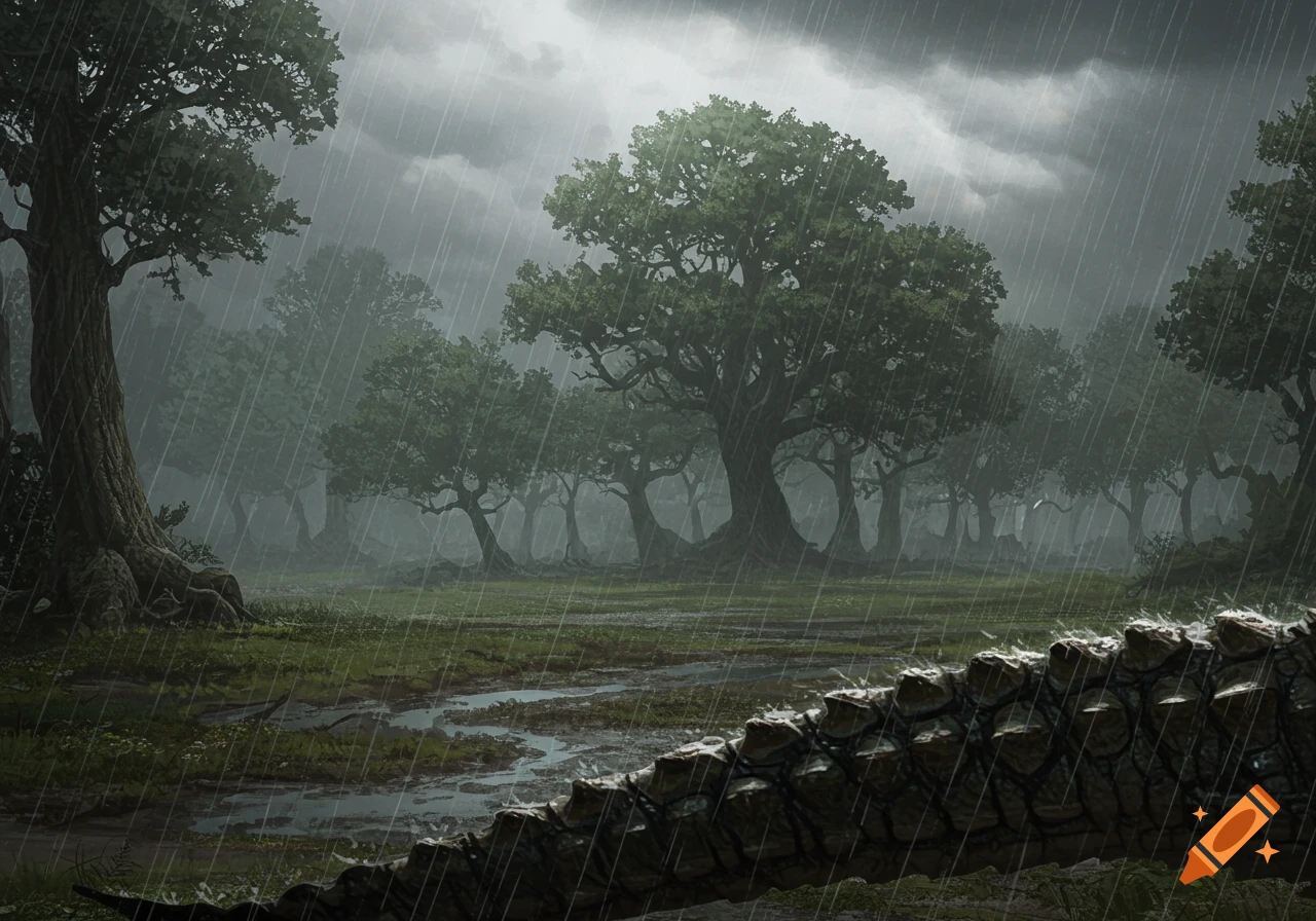 A rainy forest landscape with a large scaly tail in the foreground.
