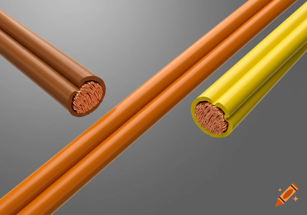 Close-up view of cut electrical wires with brown, orange, and yellow insulation