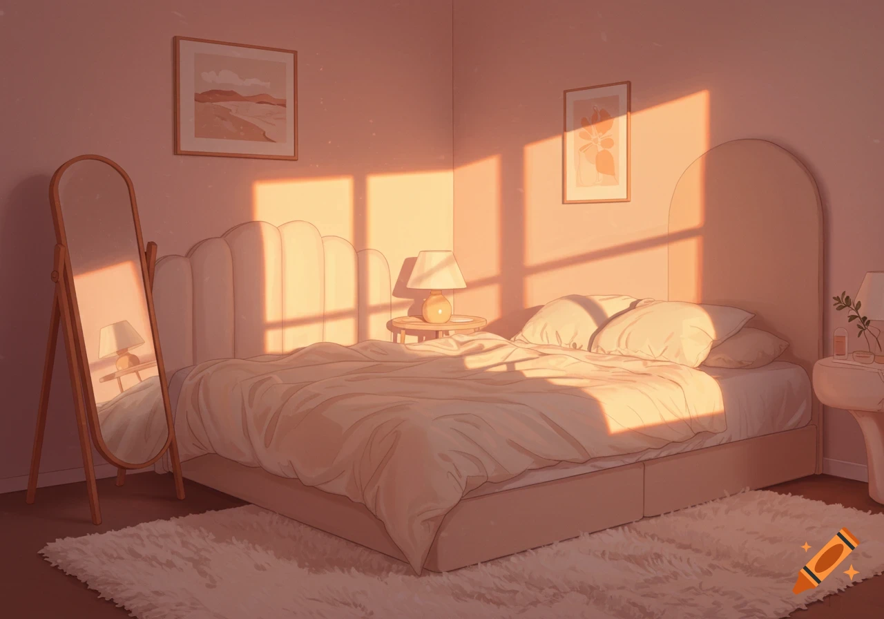 Illustration of a cozy bedroom bathed in warm sunset light, with a large bed and a standing mirror.