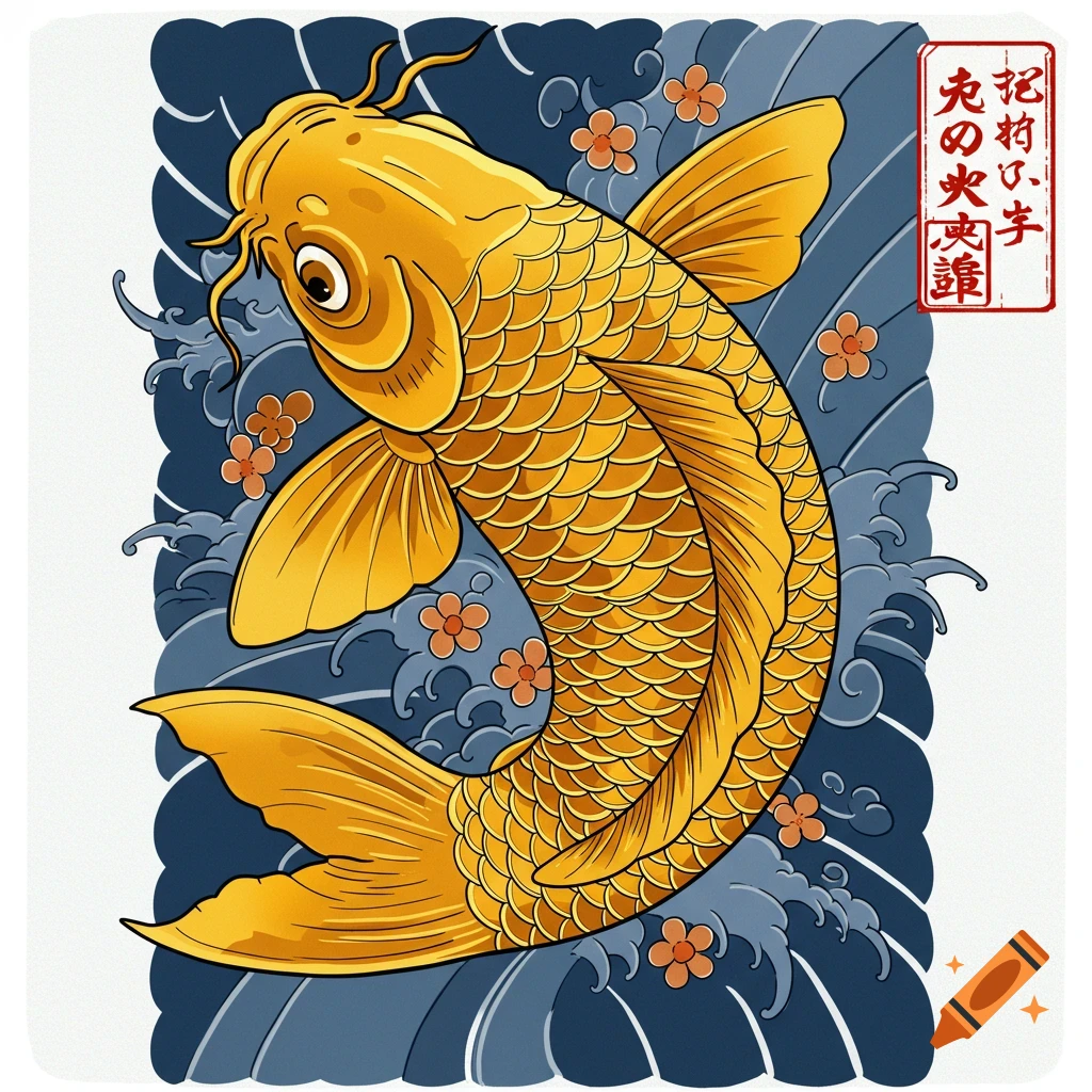 Golden koi fish in traditional Japanese tattoo style with waves and flowers.