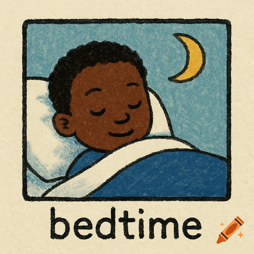 Cartoon illustration of a boy sleeping in bed under a crescent moon, with the text "bedtime" below.