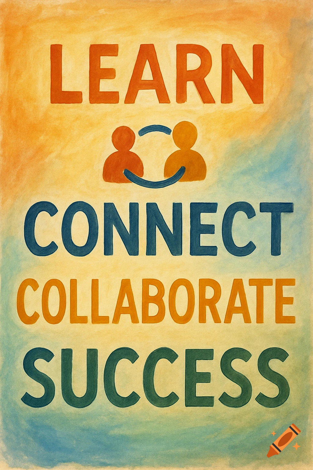 Watercolor style poster with the words Learn, Connect, Collaborate, Success and icons of two connected people.