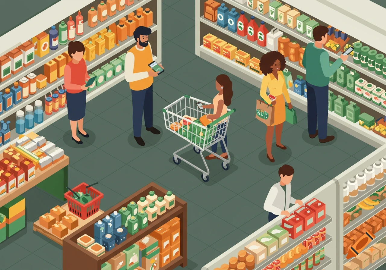 Isometric illustration of people shopping in a grocery store.