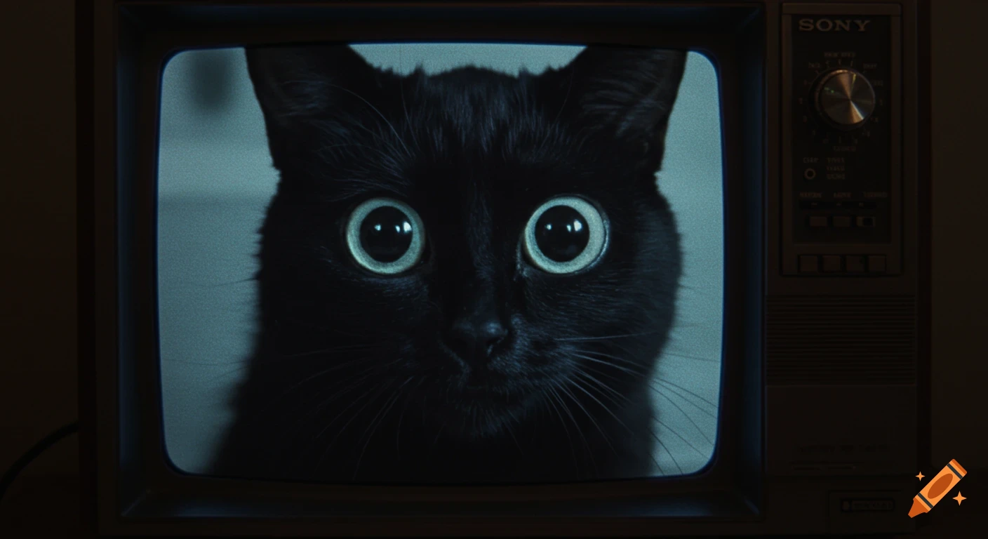 A black cat with large eyes on an old television screen displaying the cat's face.