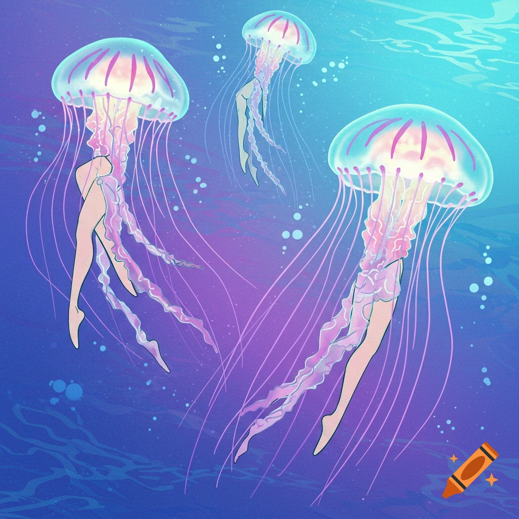 Illustration of translucent jellyfish with human legs swimming in a purple and blue underwater scene.