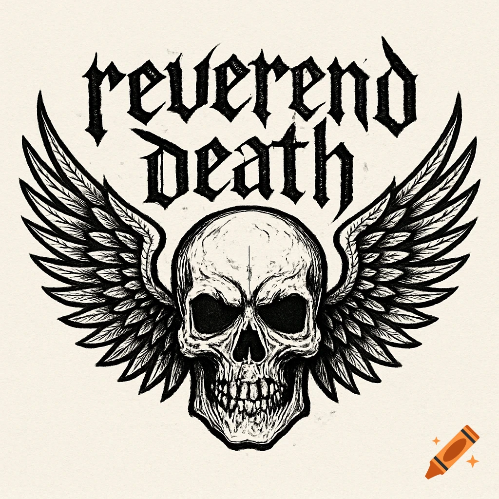 Black and white gothic illustration of a skull with wings and the text "reverend death" above it.