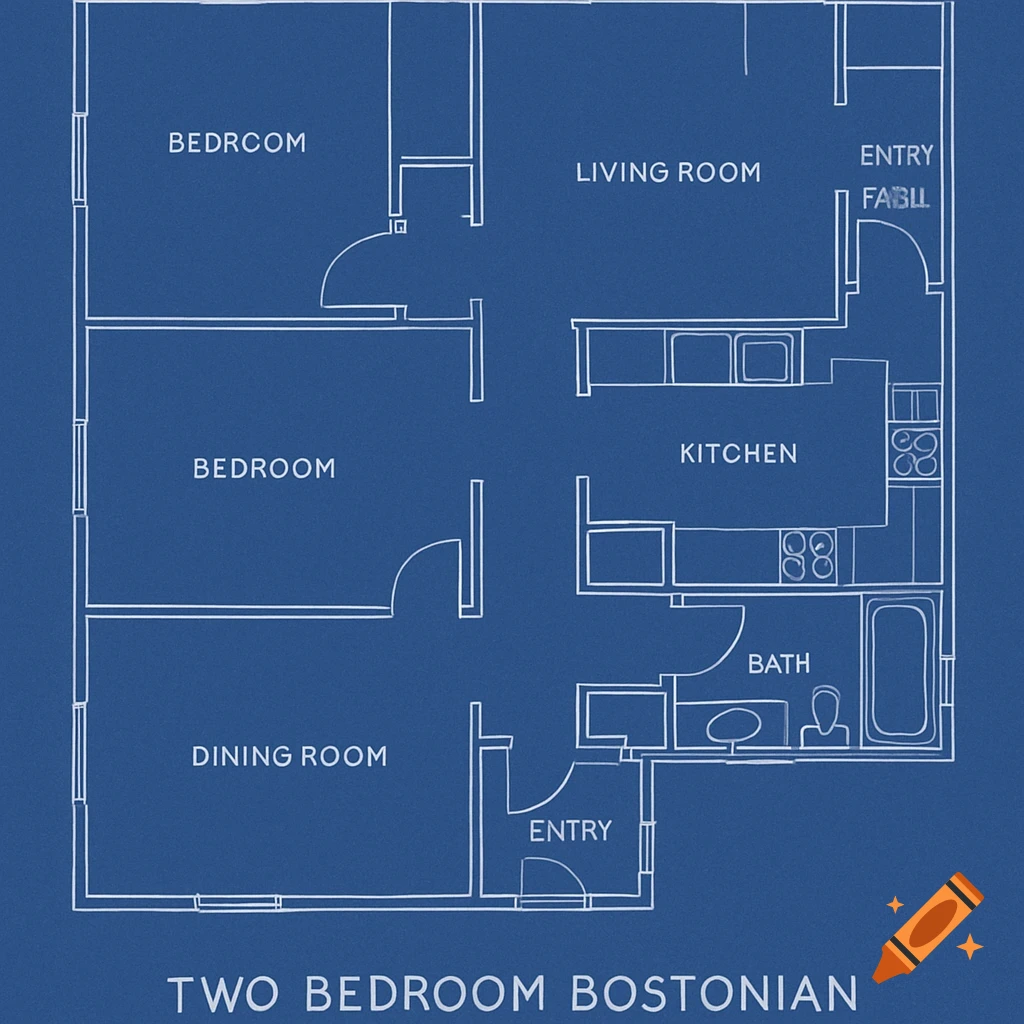 A blueprint floor plan of a two-bedroom apartment.