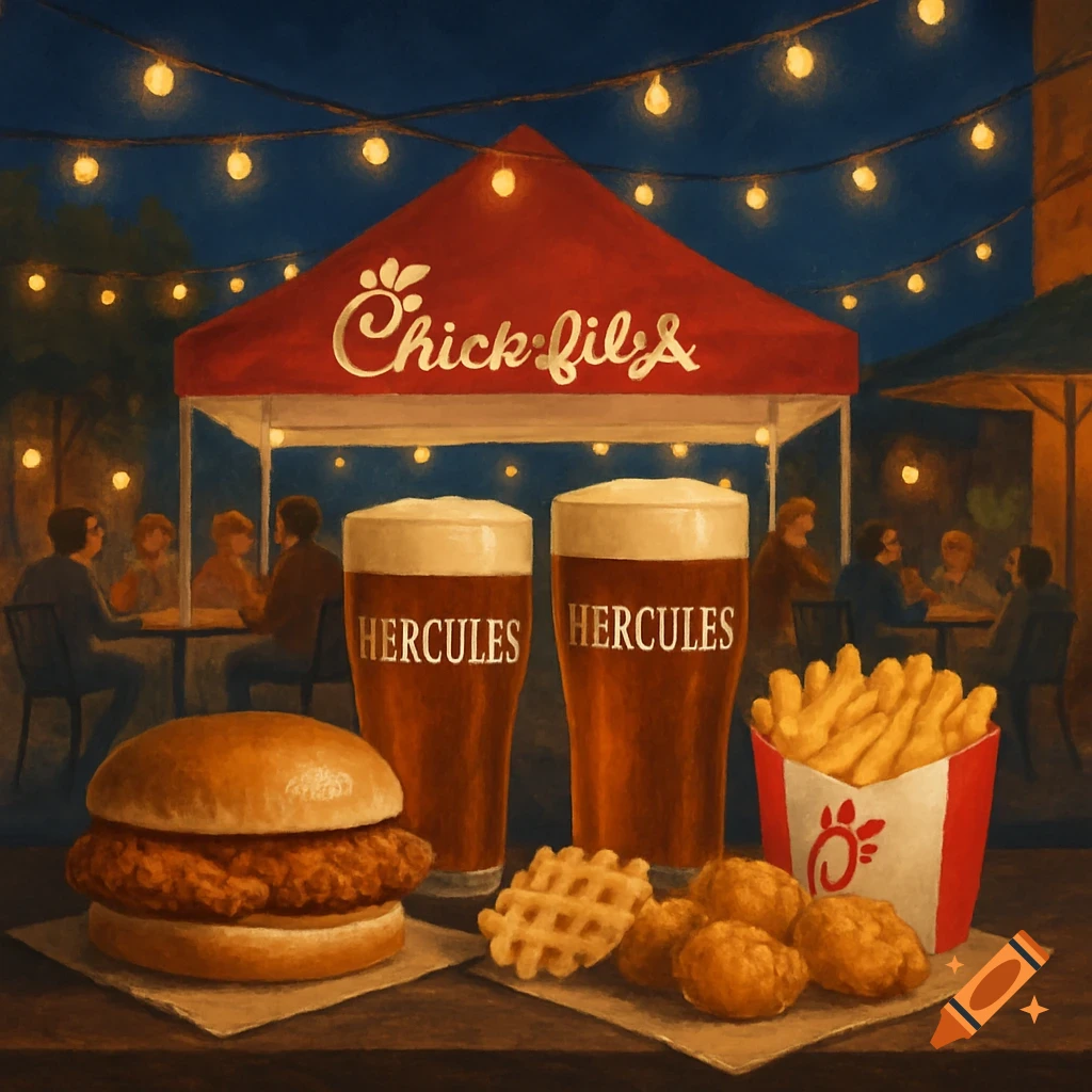 A painted scene of Chick-fil-A food and beer on a table in front of a tent at night.