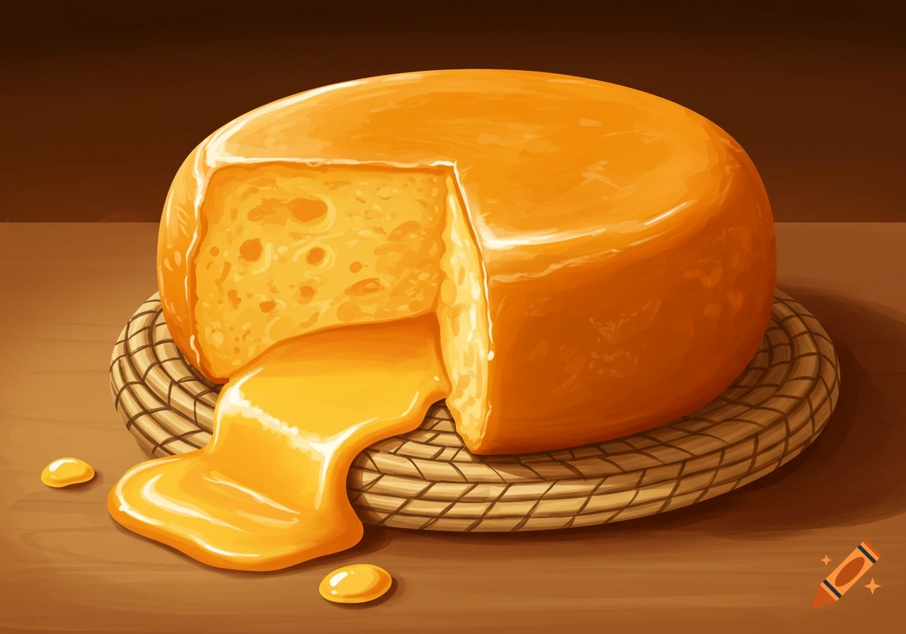 Illustration of a melting cheese wheel on a woven mat with drops