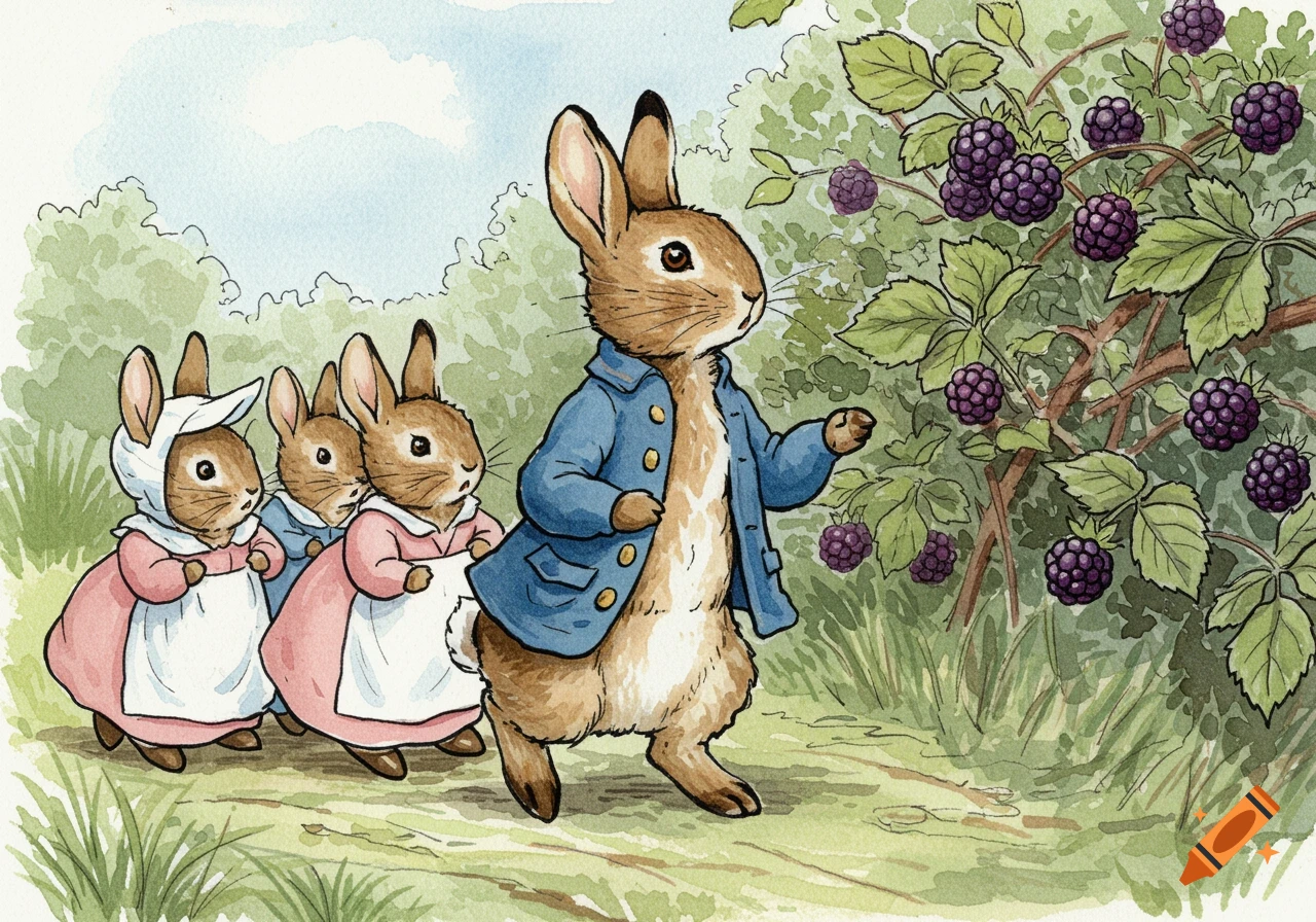Peter Rabbit and his sisters Mopsy, Flopsy, and Cottontail walk toward a blackberry bush in a watercolor illustration.