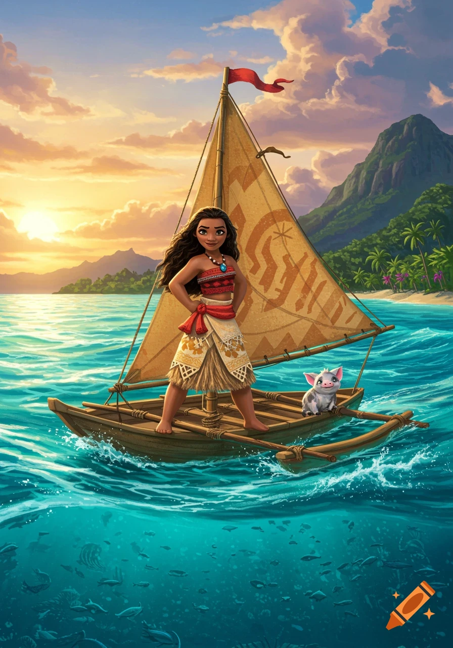 Illustration of Moana standing on a boat with a pig,