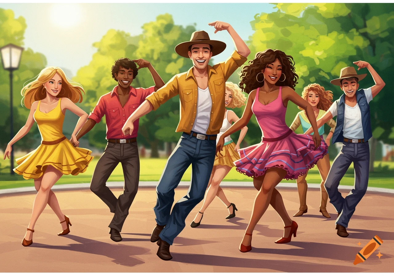 Illustrated group of diverse people line dancing outdoors in a park.