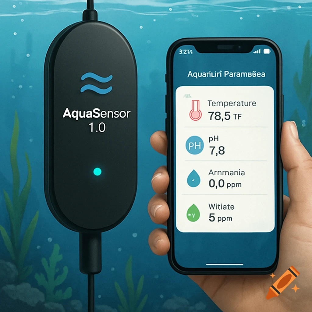 Underwater image of an AquaSensor device connected to a phone showing aquarium parameters on an app interface.