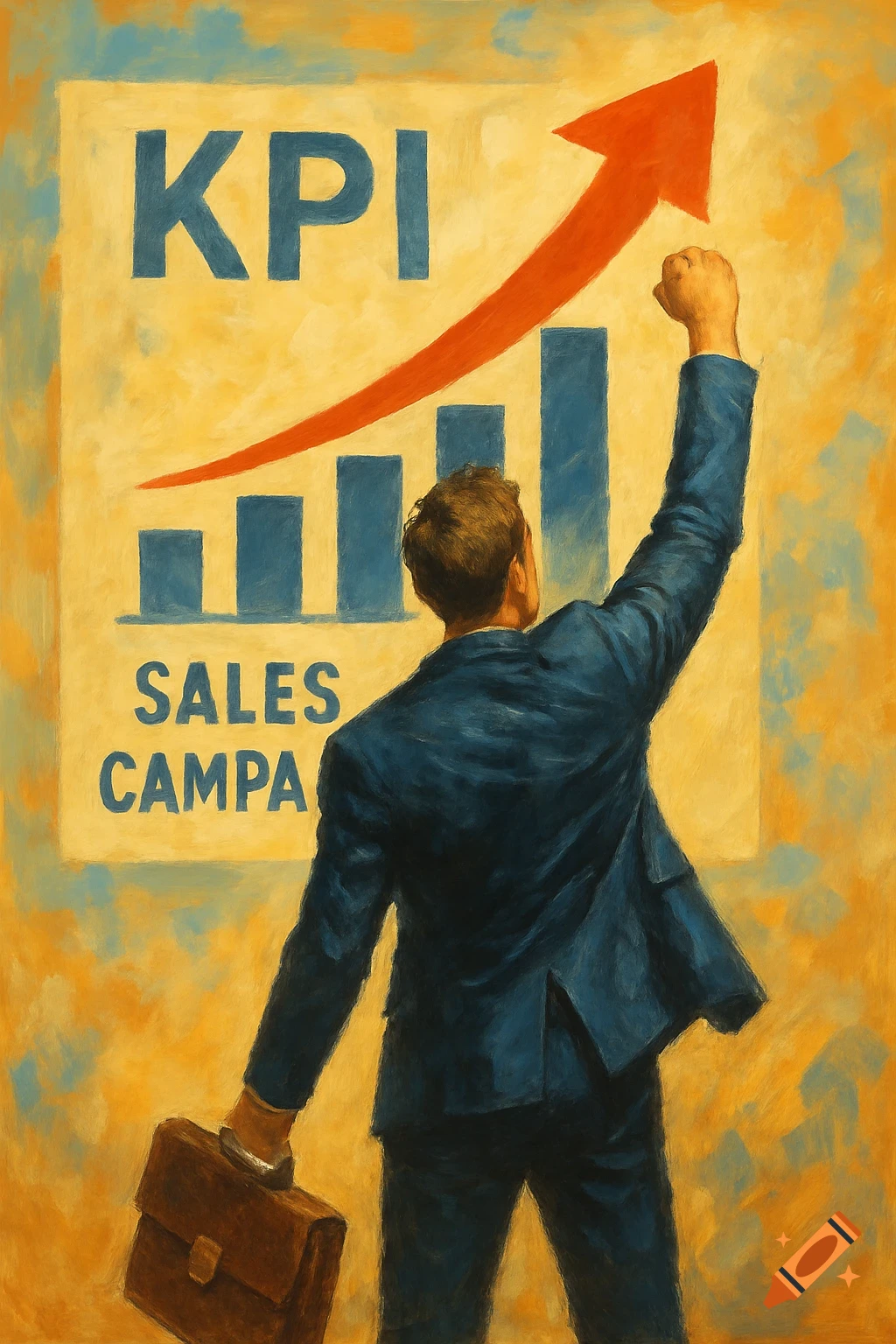 Painted image of a man in a suit raising his arm in triumph, looking at a chart showing a rising line and bars, labeled "KPI" and "SALES CAMPA". He holds a briefcase in his other hand.