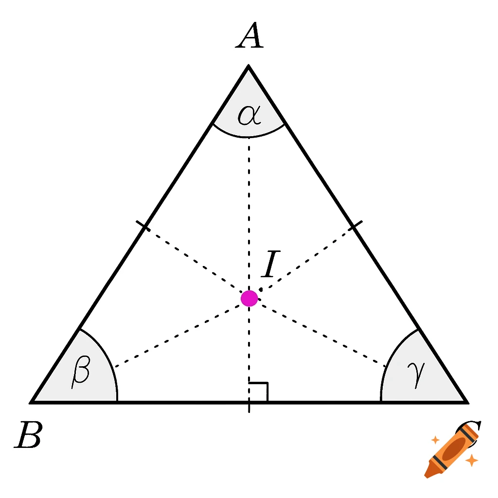 A geometry diagram of a triangle ABC showing the incenter I, angle bisectors, and angle labels.