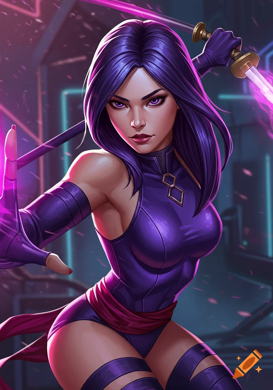 Illustration of Psylocke from Marvel in a purple costume holding glowing swords in a futuristic setting.