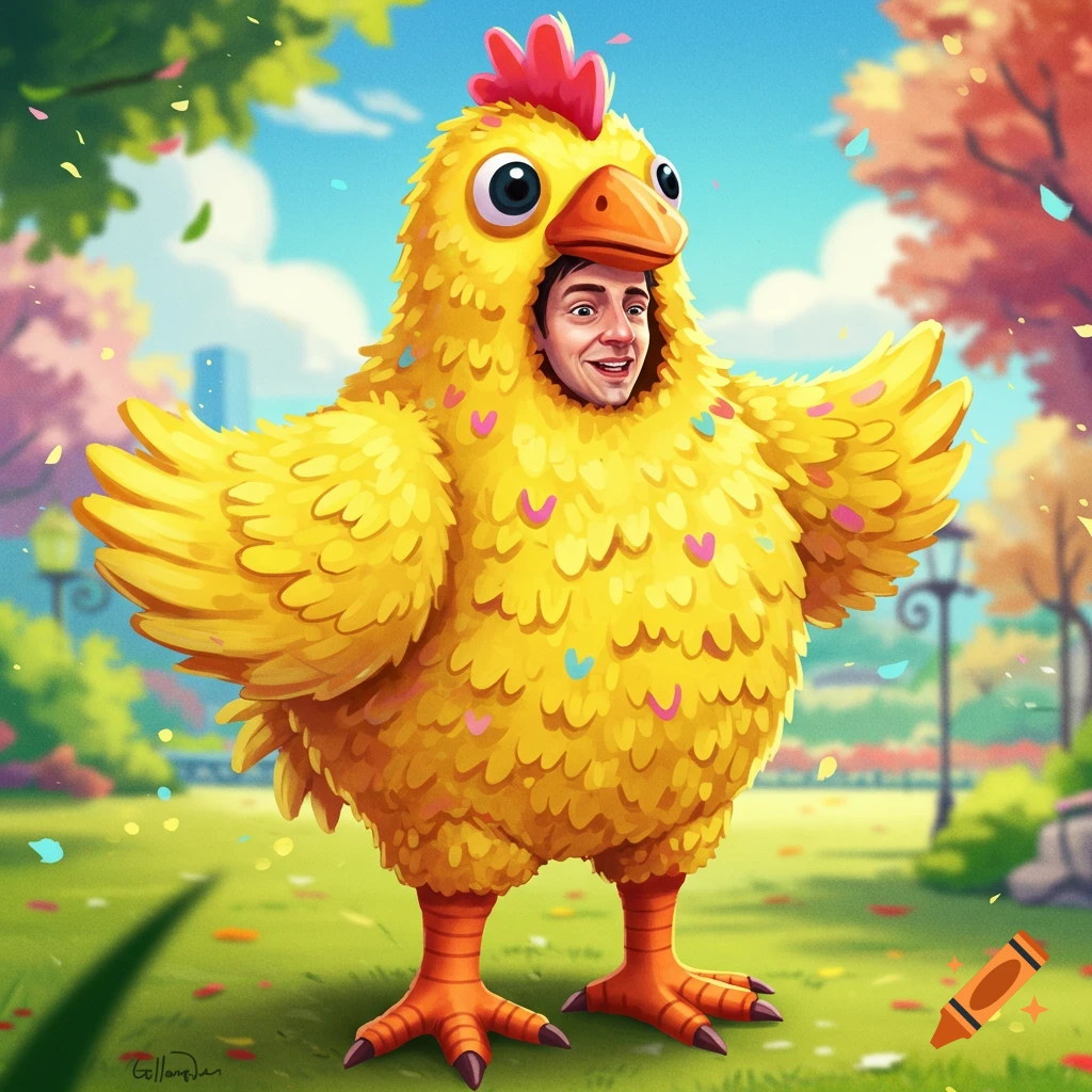 A person in a fluffy yellow chicken costume stands in a park with confetti.