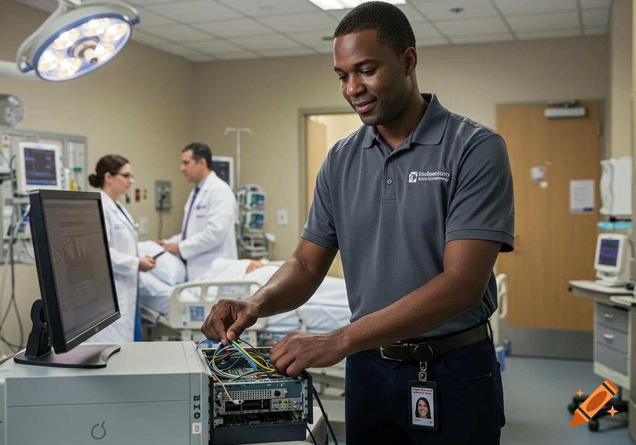 An IT professional works on a computer in a hospital room.