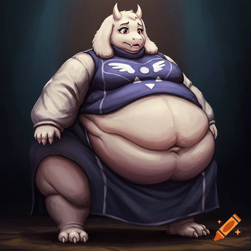 An anthropomorphic goat character with large horns and floppy ears wears a purple dress with a delta rune symbol, showing a morbidly obese body with a large belly.