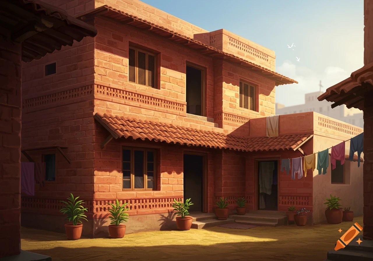 A sunlit courtyard with a brick house, tiled roofs, plants, and laundry drying.
