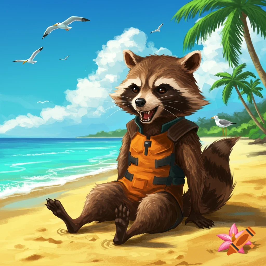 Cartoon raccoon character sitting on a beach with palm trees and seagulls.