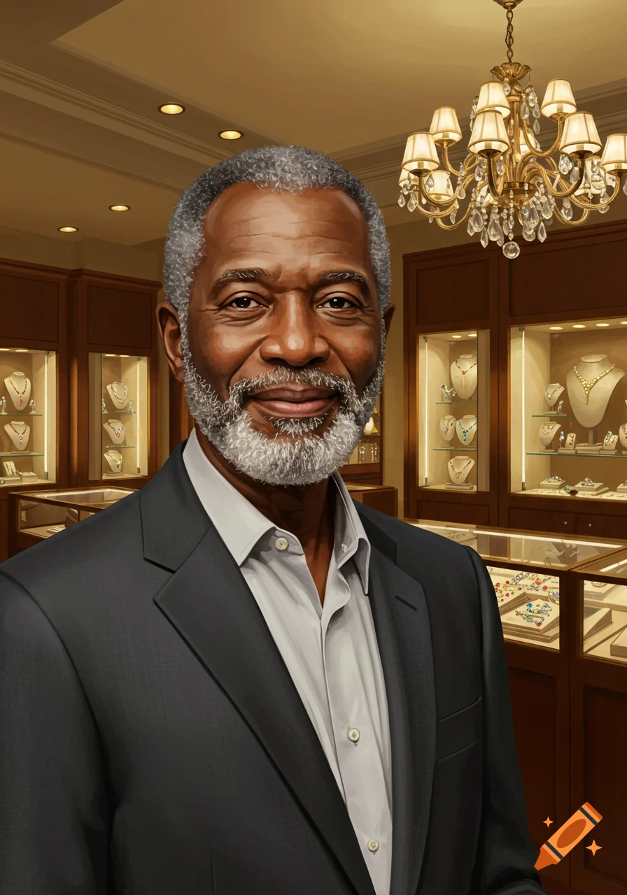 Portrait of an old Black man in a suit smiling in a jewelry store.