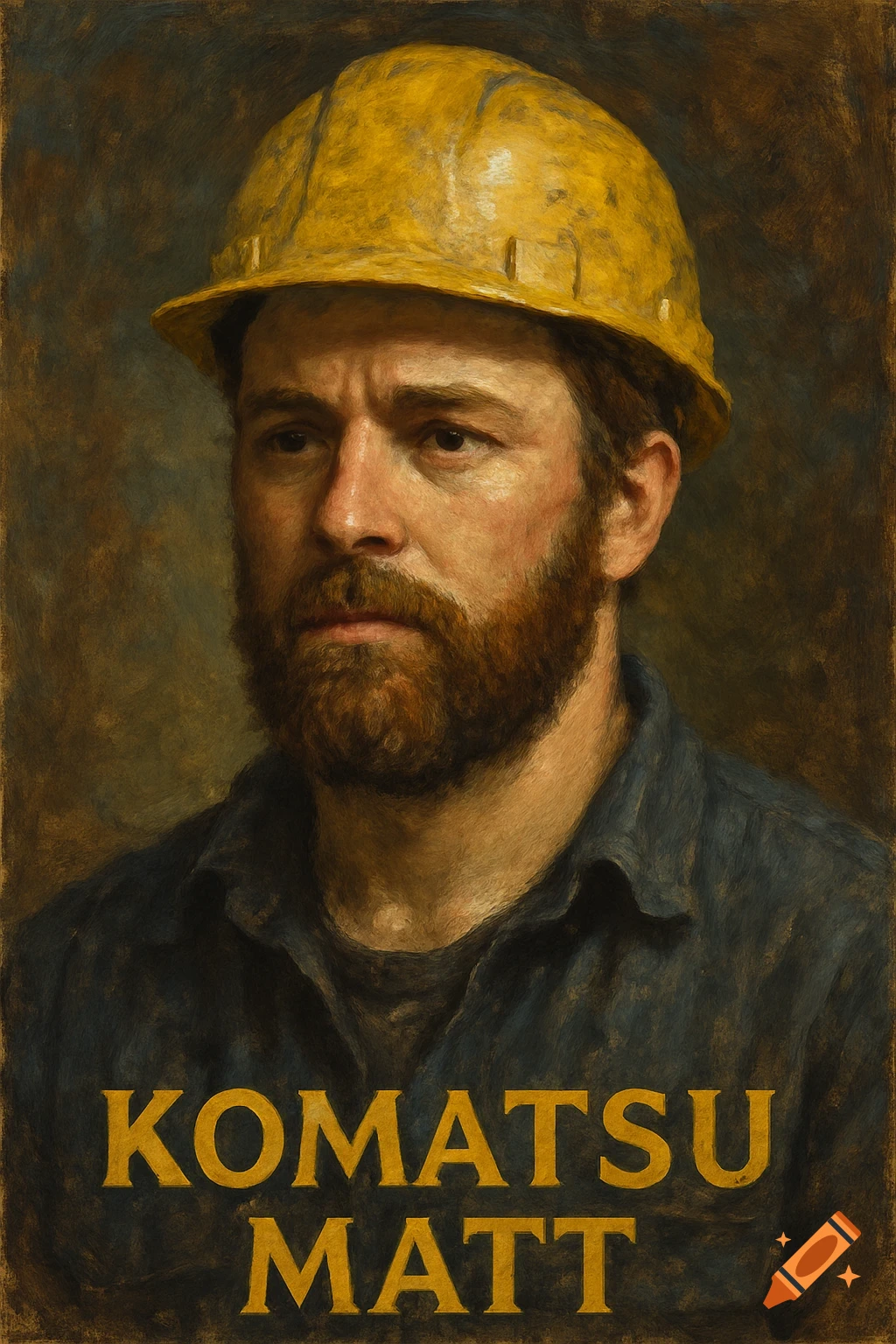 Painterly portrait of a man in a yellow hard hat and work shirt with the text KOMATSU MATT below him.
