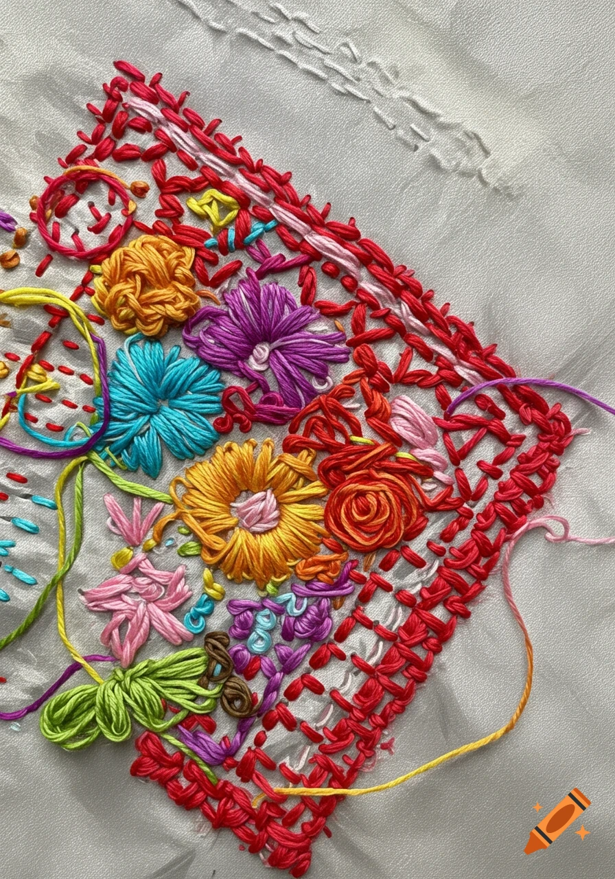 Close-up of realistic, colorful floral embroidery on white fabric.