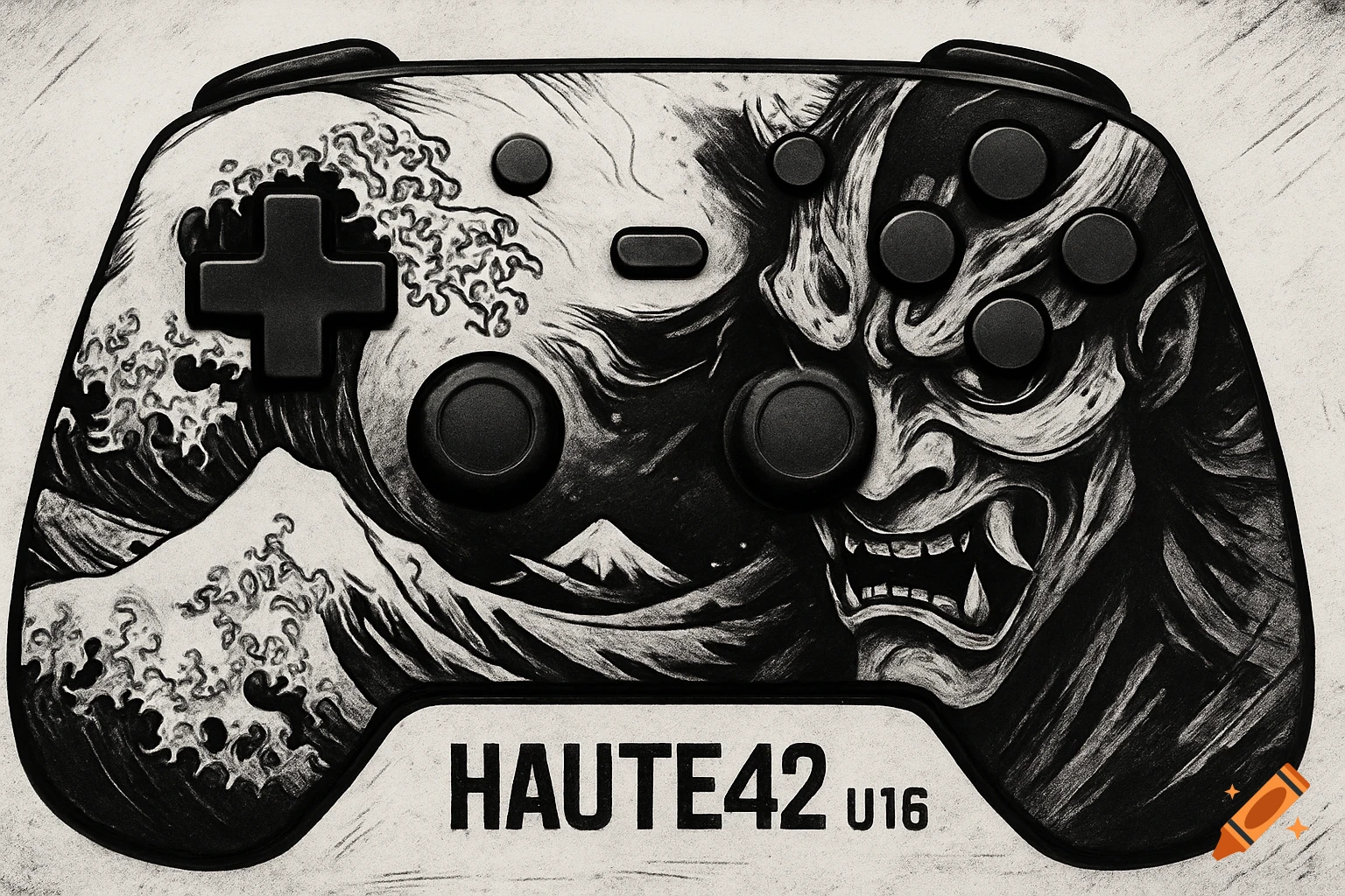 Black and white gaming controller with Japanese art of waves and a demon face.