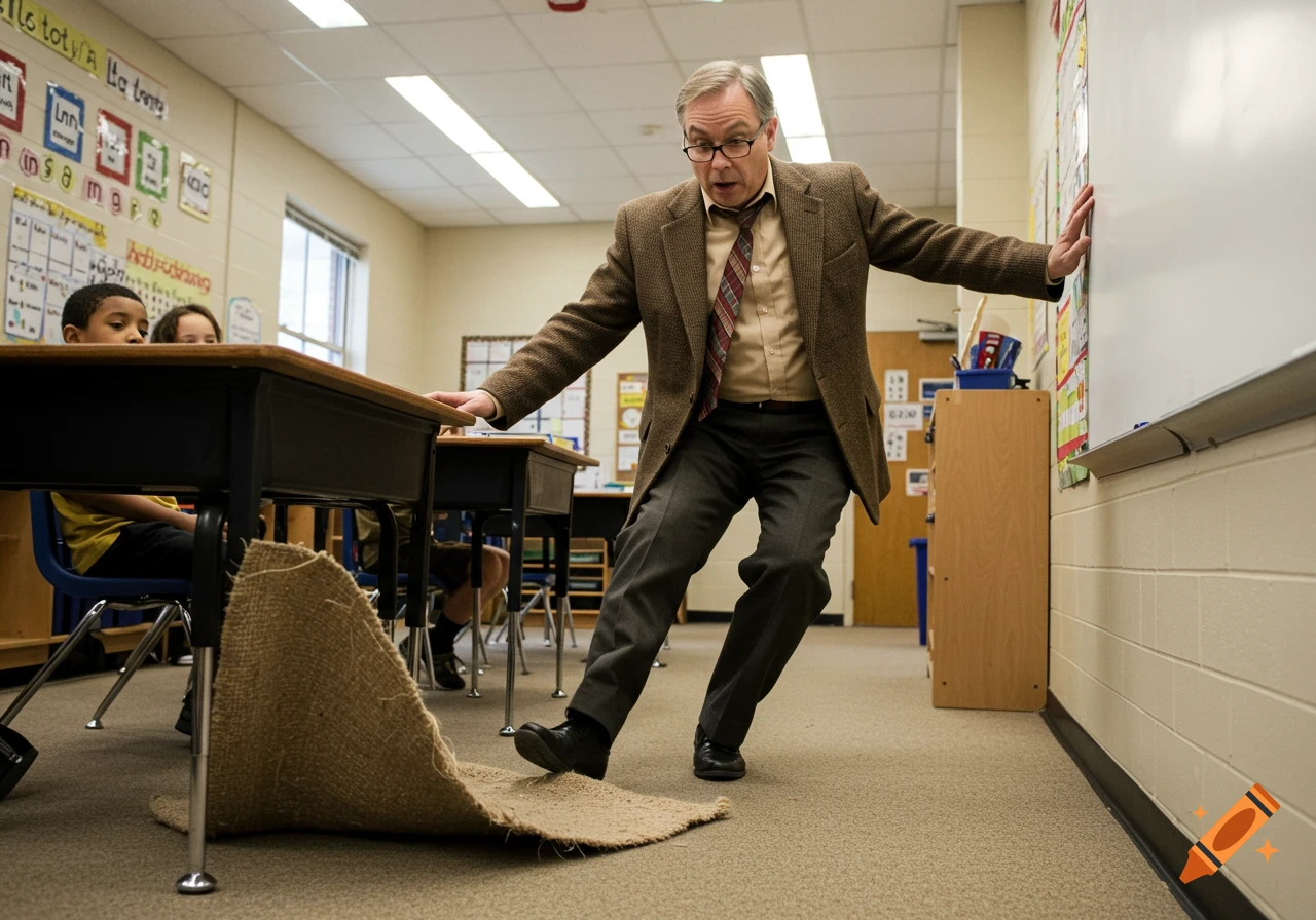 A teacher trips over a loose carpet edge in a classroom.