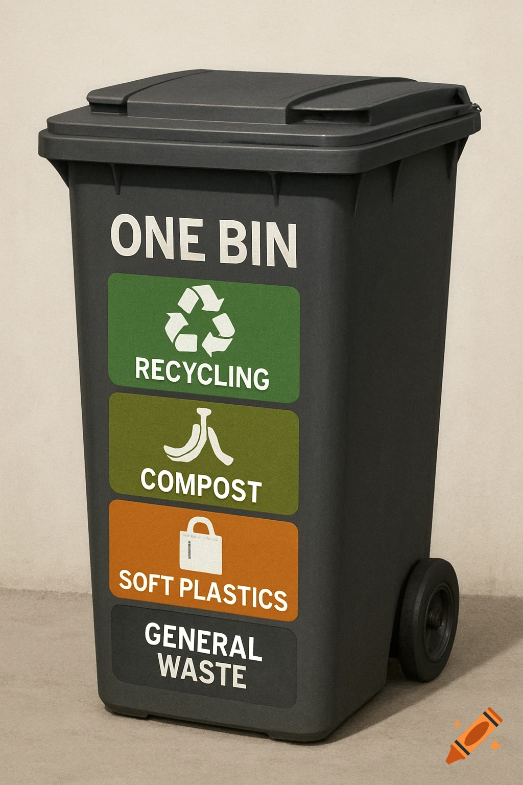 Dark grey garbage bin with labels for recycling, compost, soft plastics, and general waste.