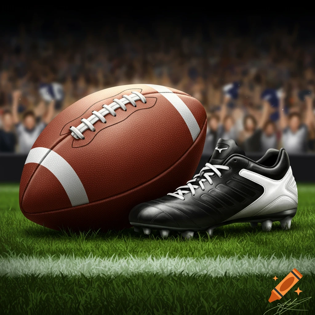 A football and a black cleat sit on a green grass field with a white line. A blurred crowd is in the background.