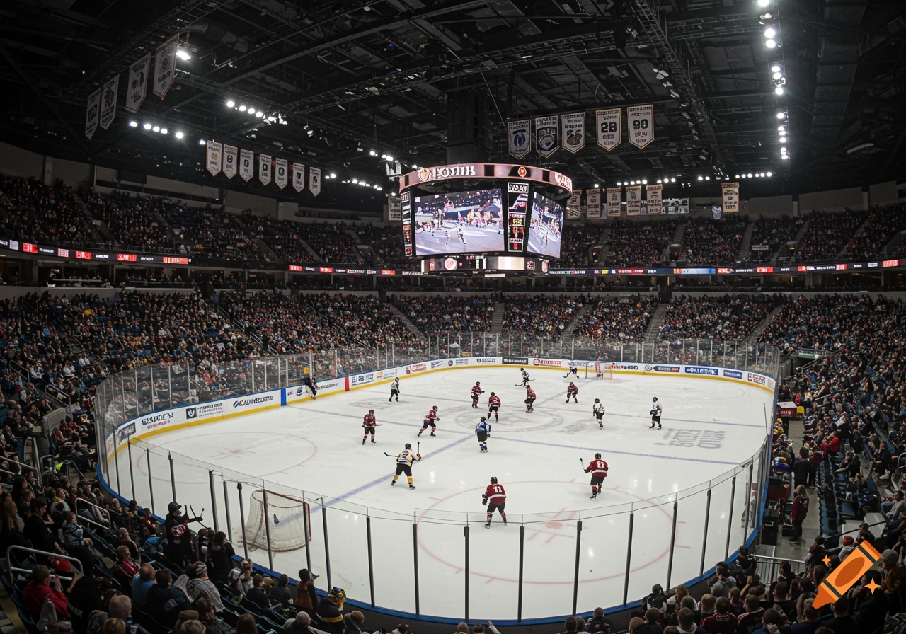 Hockey game in a crowded arena with players on the ice.