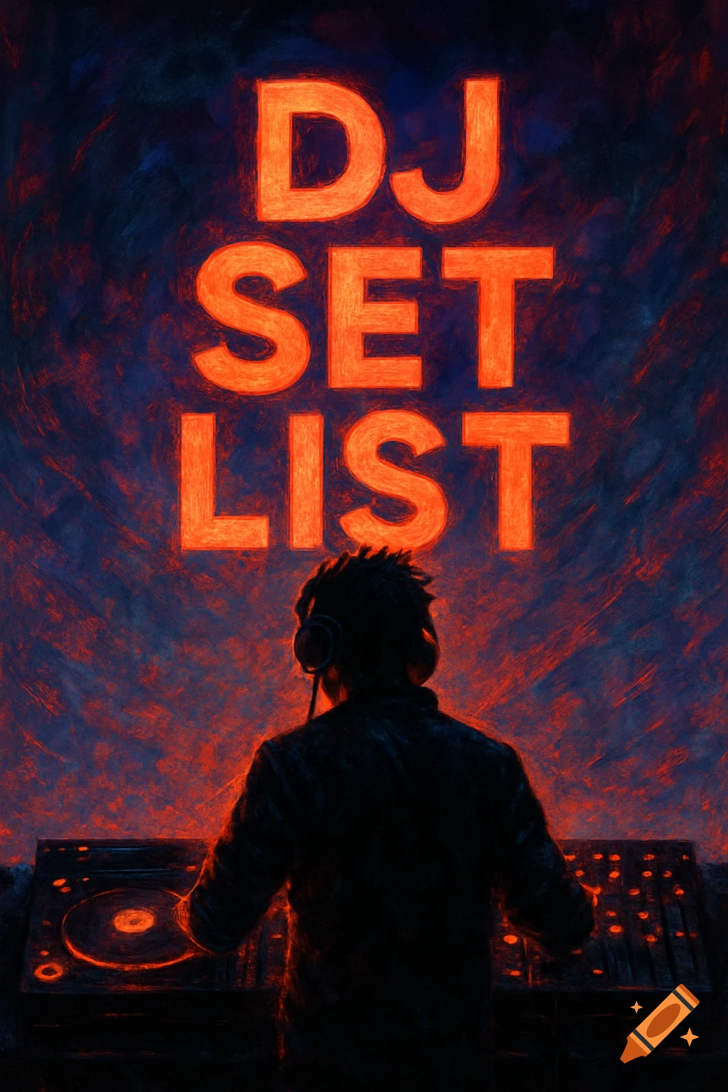 A DJ looks at a mixer under large text reading "DJ SET LIST" in an orange and dark blue, painterly style.