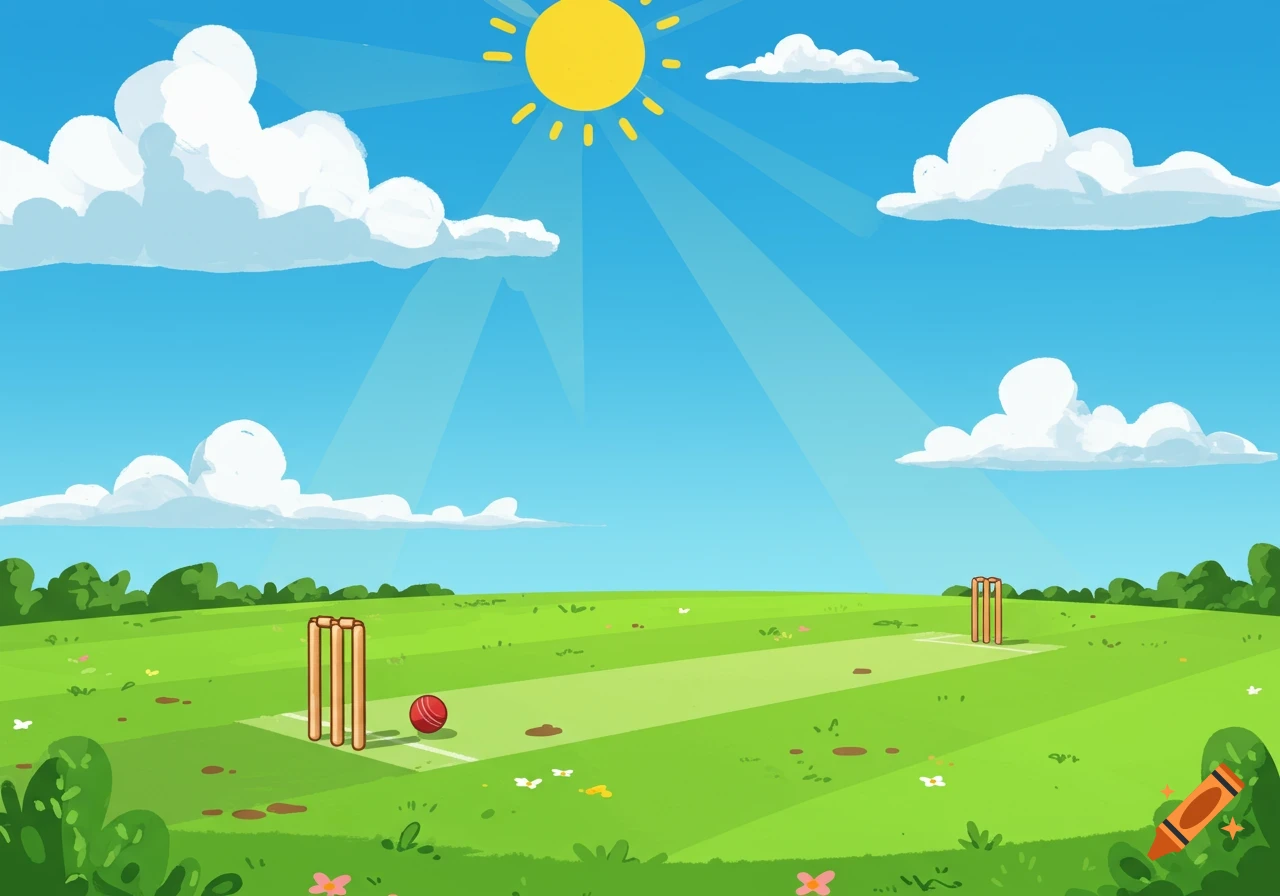 A cartoon cricket field with wickets and a ball on a sunny day.