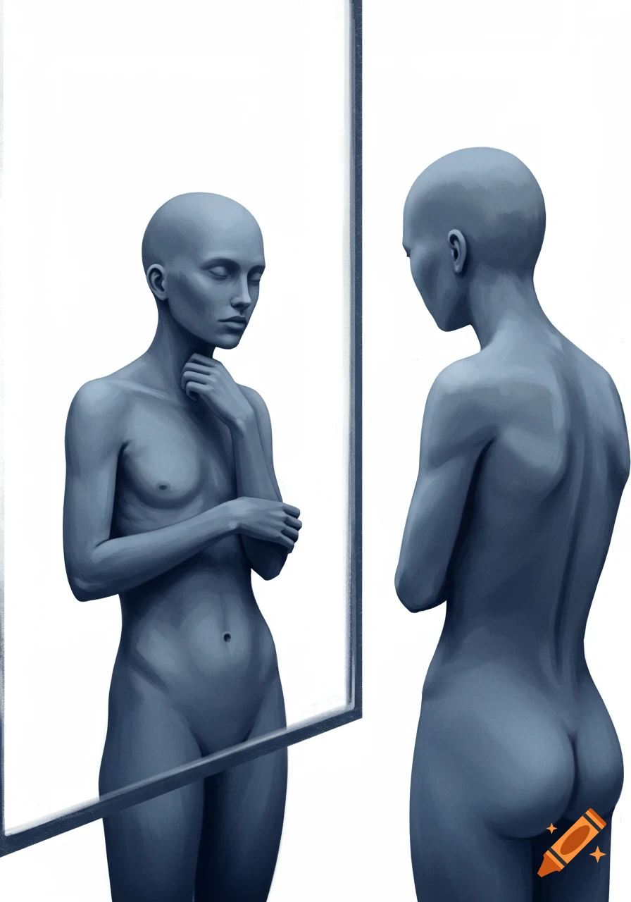 A nude, stylized figure looks into a mirror, its reflection shows the back view.