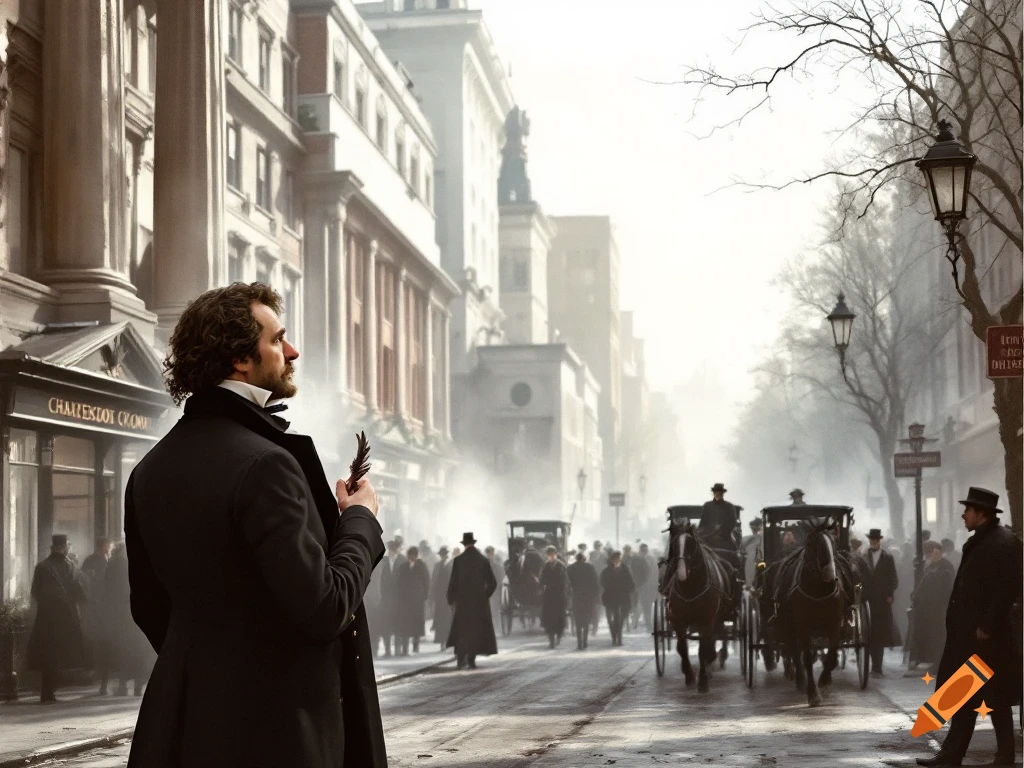 Man in Victorian attire holds a quill on a misty London street with carriages.