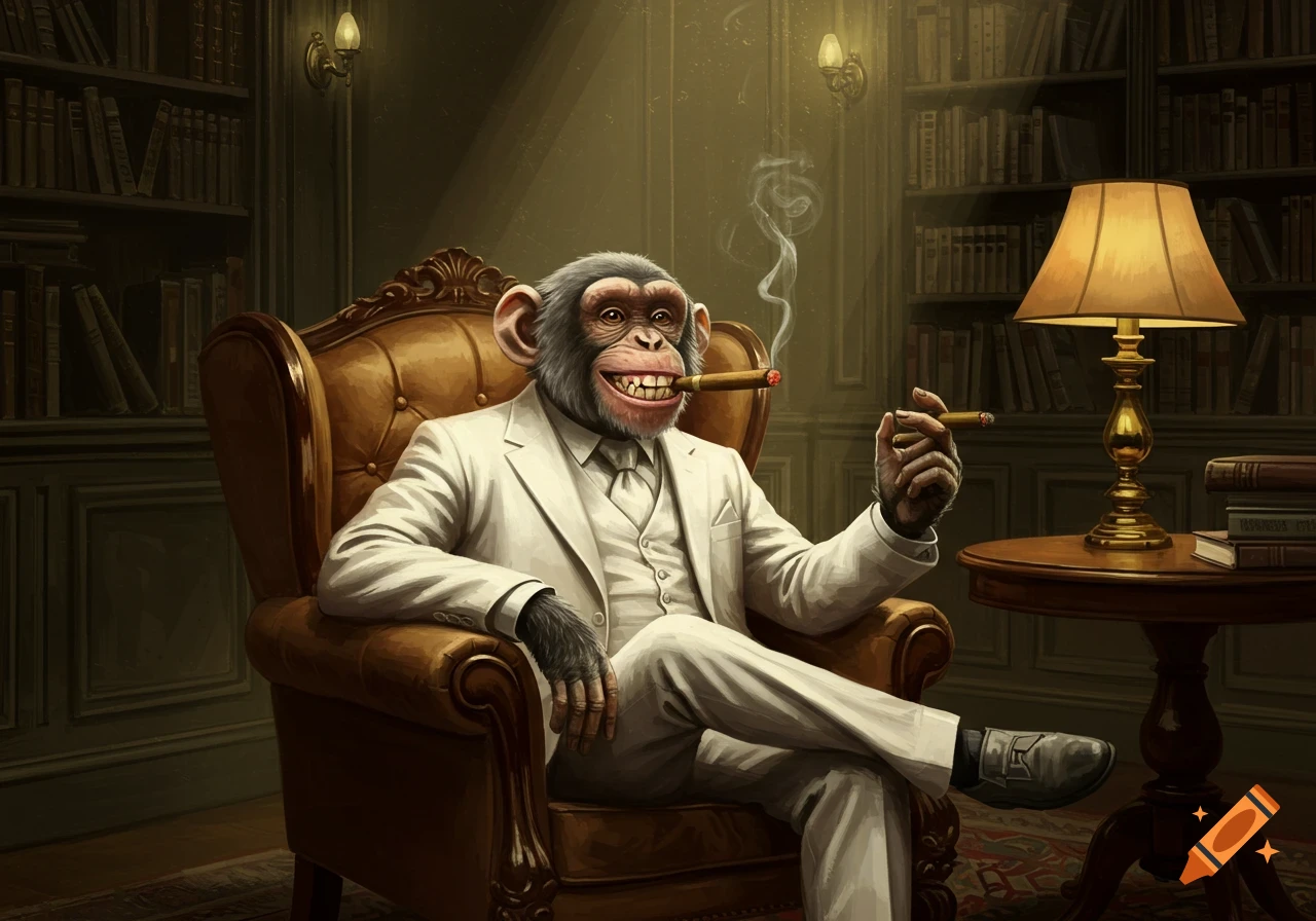 Chimpanzee in white suit sitting in armchair, smoking a cigar in a library
