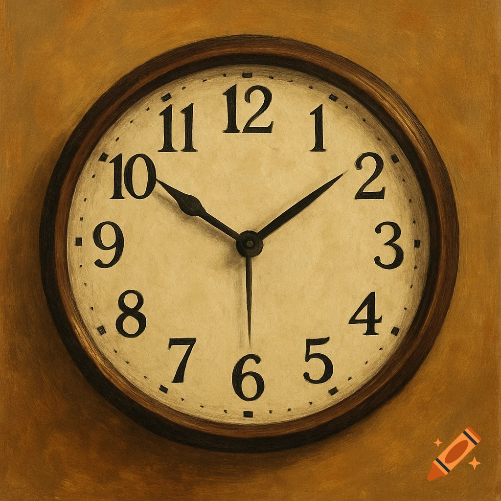 Close-up painting of a clock face with numbers 1-12.