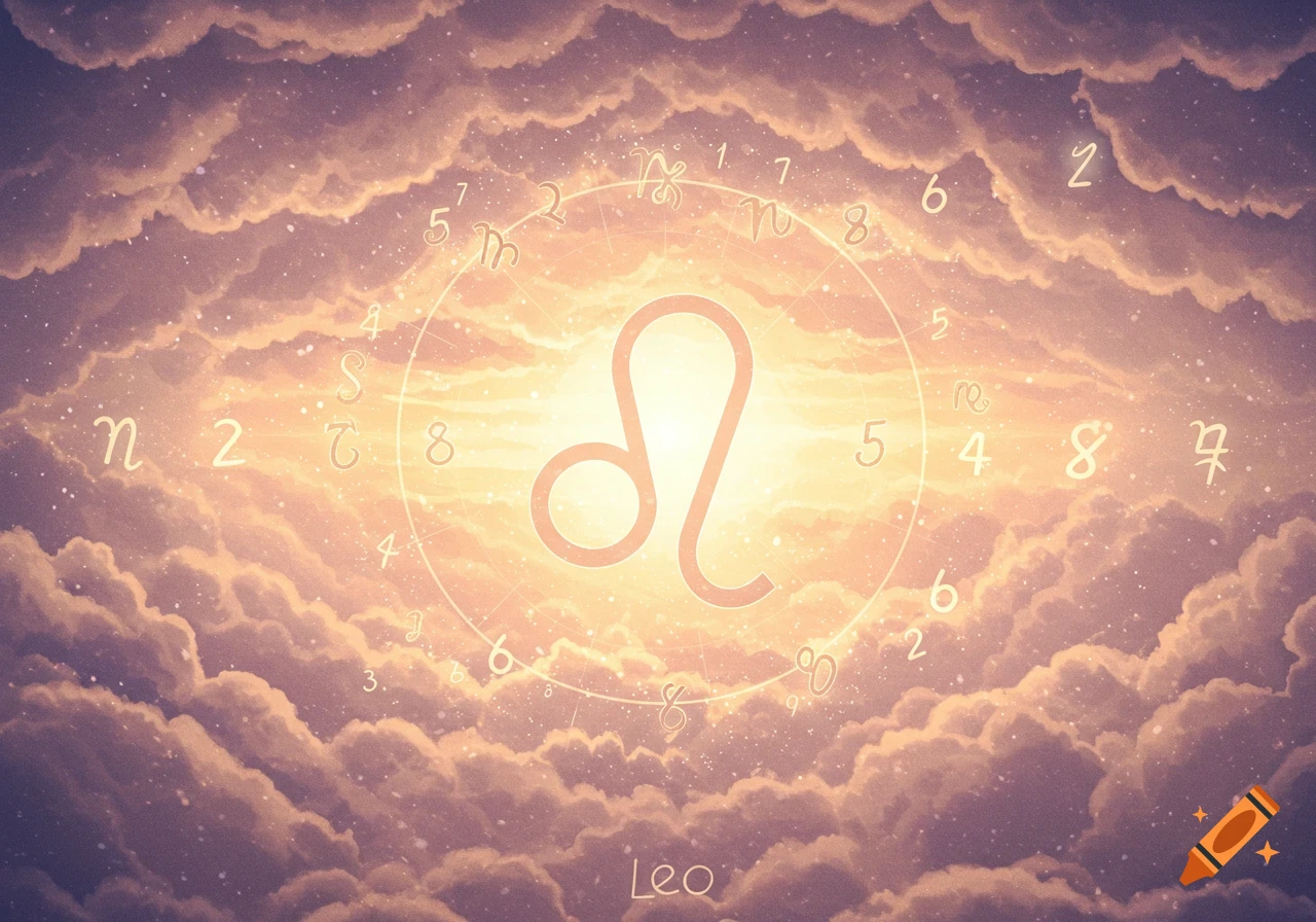 Ethereal sky with clouds and glowing light, featuring the Leo zodiac symbol surrounded by numbers and celestial symbols.
