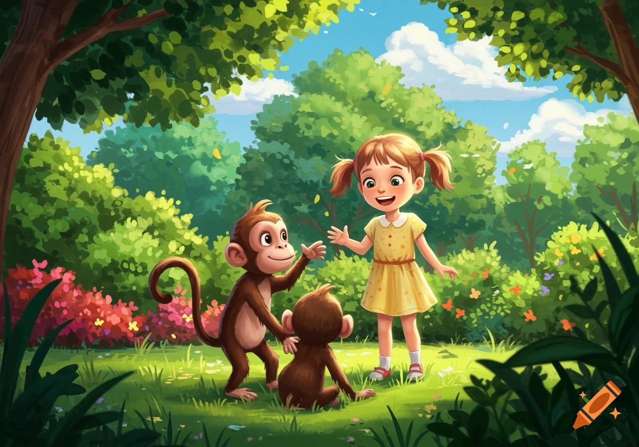 Happy girl plays with monkeys in a forest clearing, children's illustration style.