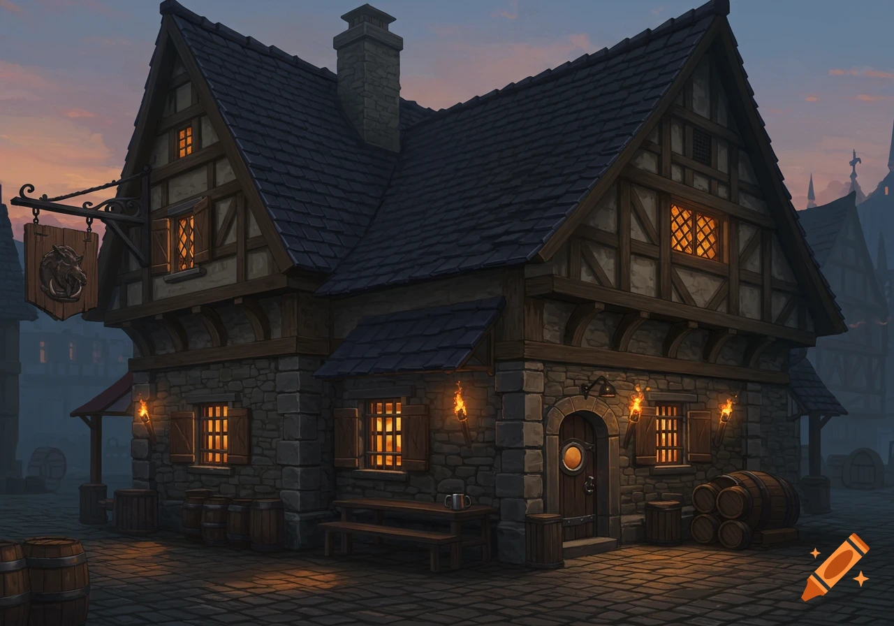 A medieval fantasy tavern exterior at dusk with illuminated windows and a hanging sign.