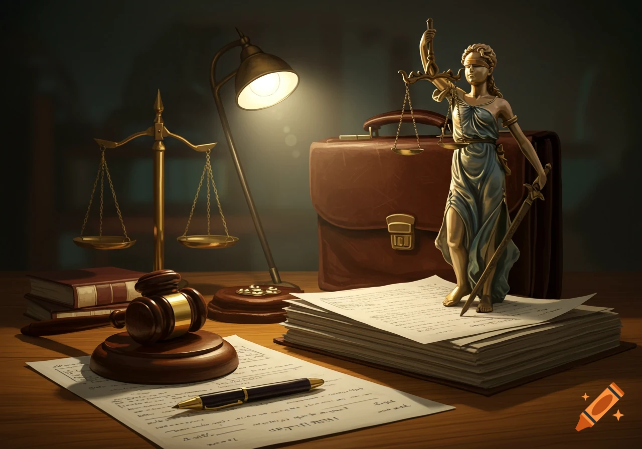 Lady Justice statue, scales, gavel, books, and legal documents on a desk.