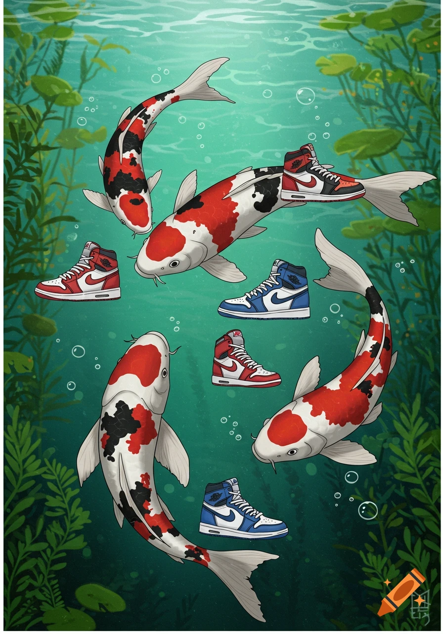 Illustration of several koi fish swimming underwater with pairs of sneakers.