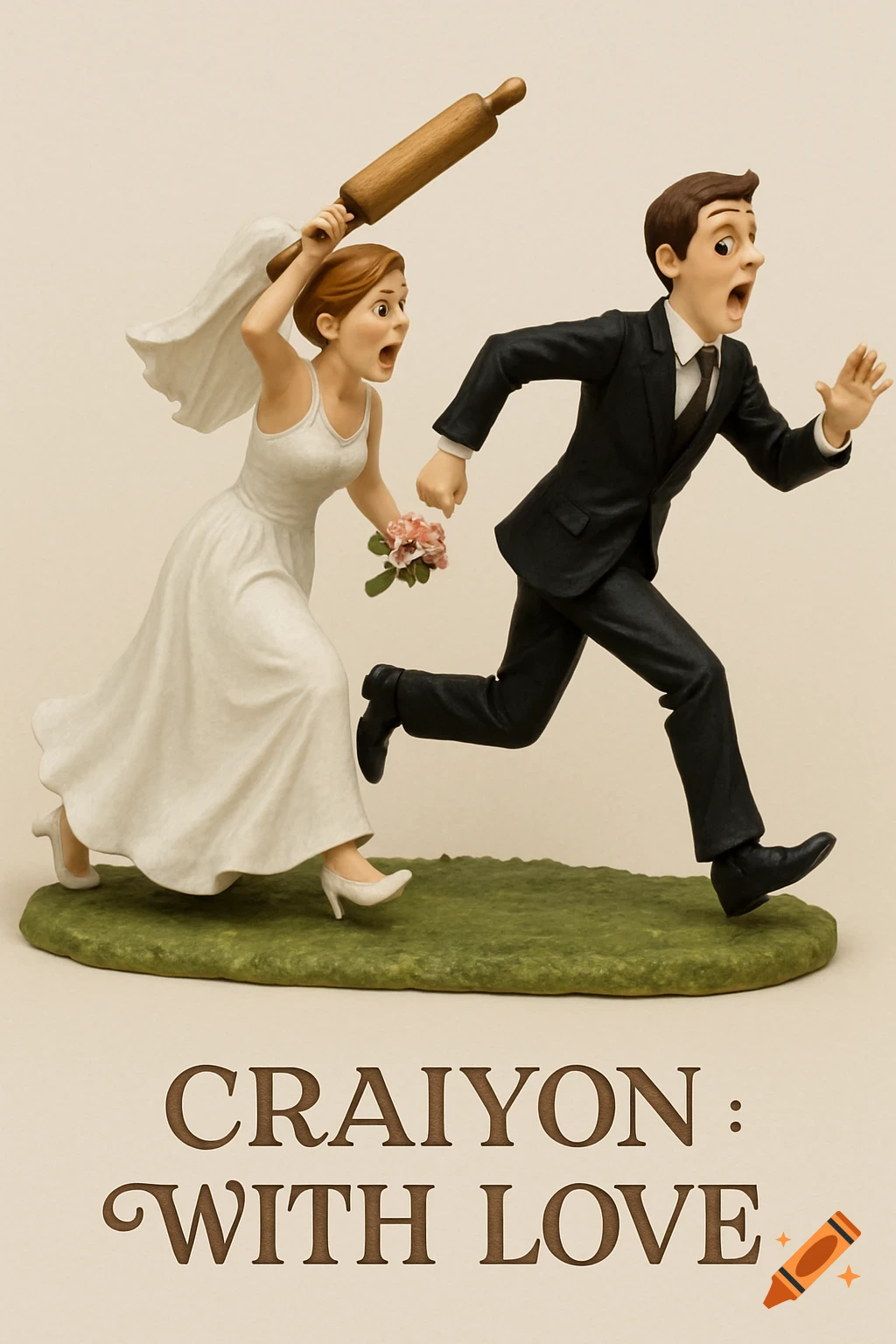 A bride chases a groom with a rolling pin, a funny wedding cake topper figurine.