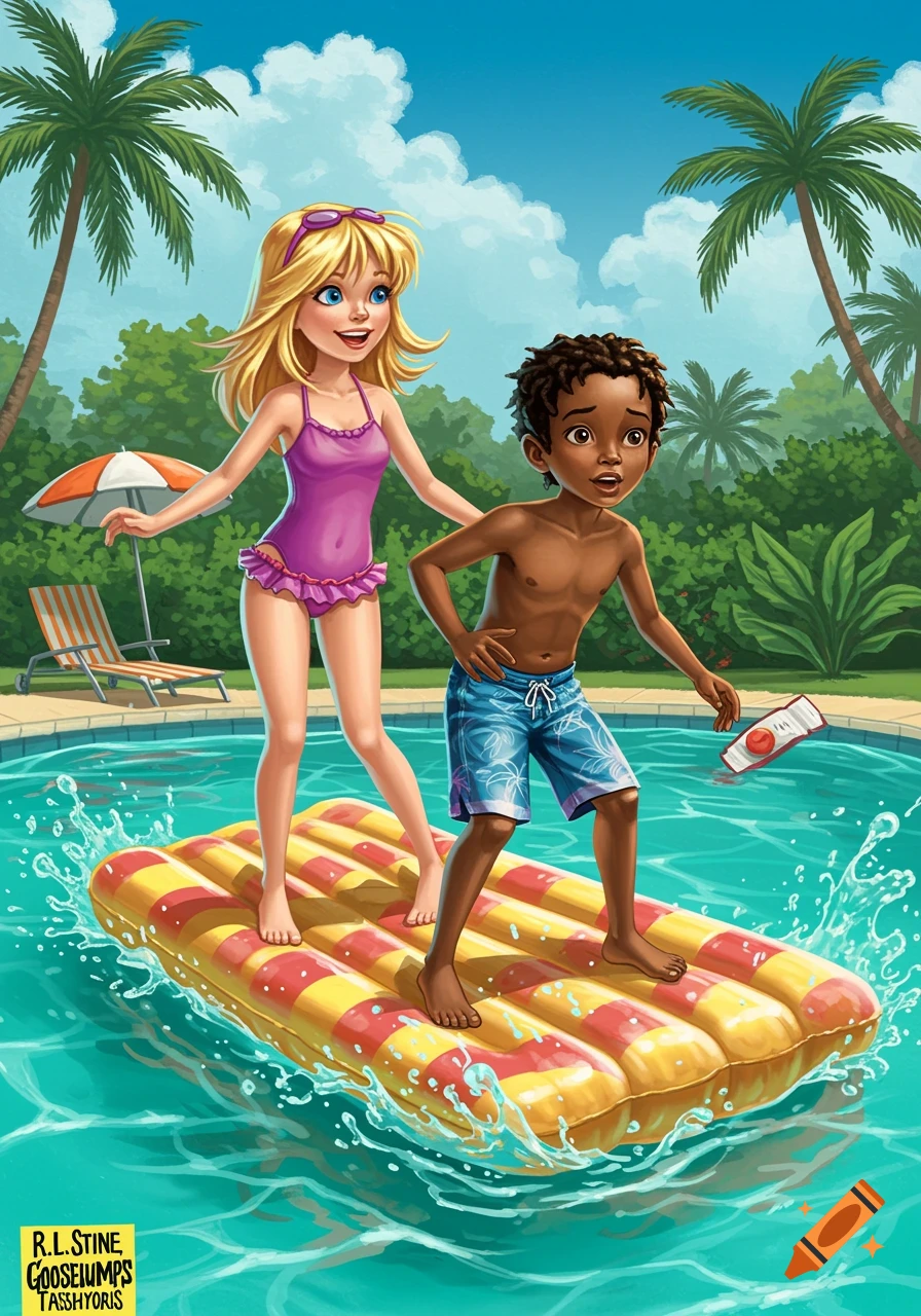 Two kids on a raft in a pool with palm trees, cartoon style
