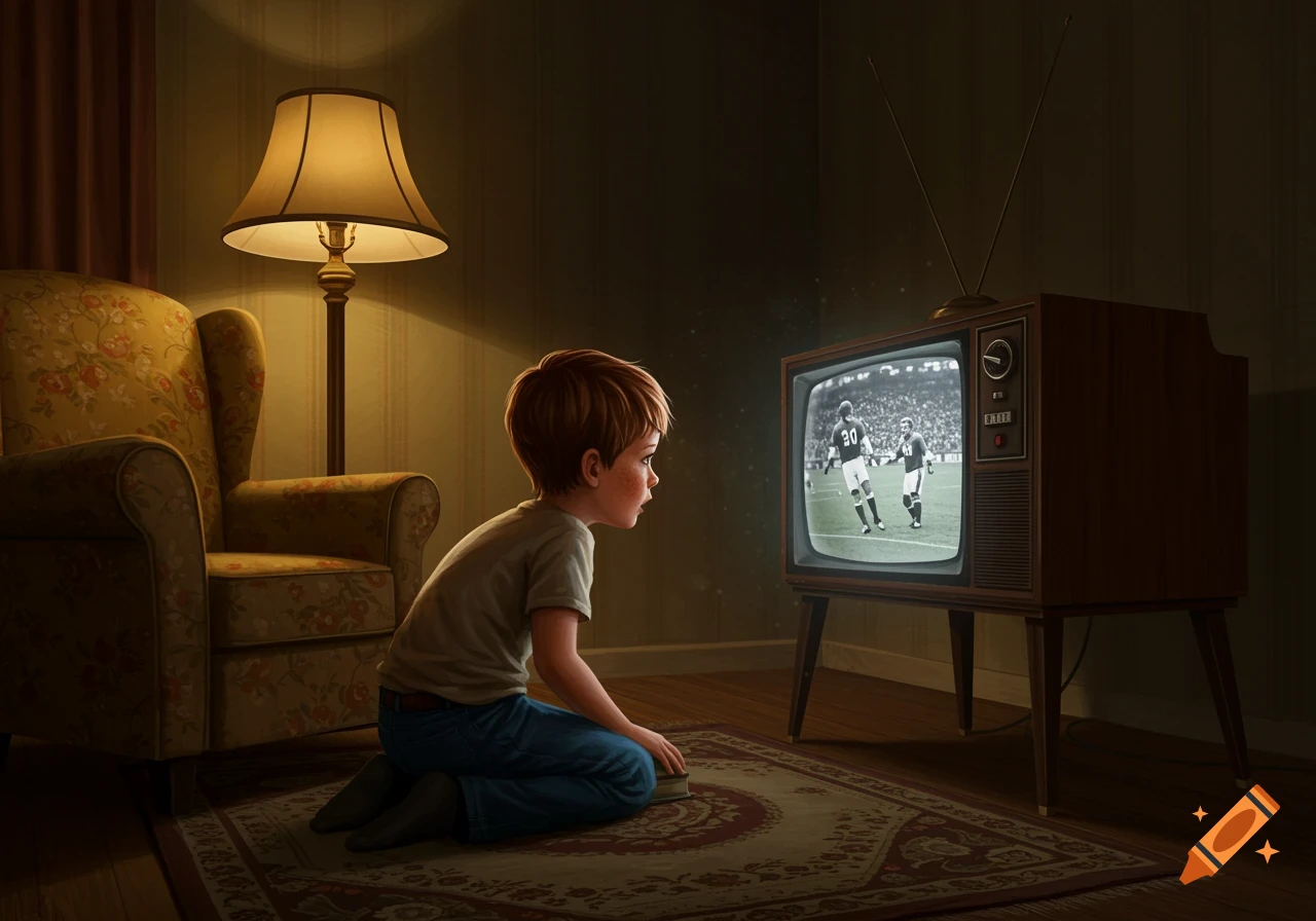 Boy watches football on an old TV in a dimly lit room.